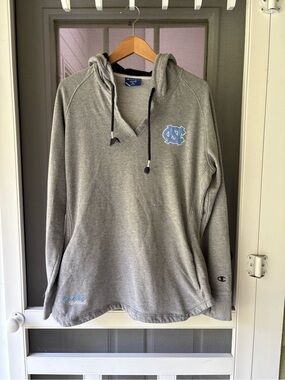 Champion Men's Gray V-Neck Hoodie with Light Blue North Carolina Logo
